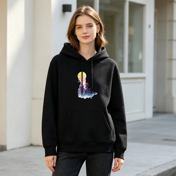 Black Hoodie With Watercolor Moon And Figure Art Print