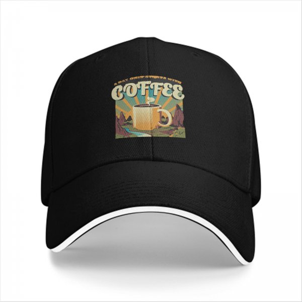 Black Baseball Cap With Coffee And Mountain Sunrise Graphic