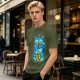 Olive T-Shirt With Blue Maneki-Neko Monster Graphic Print
