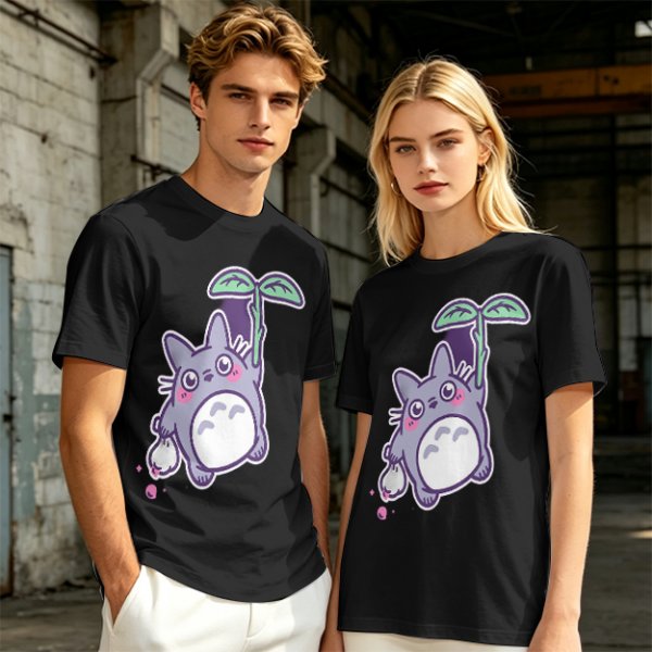 Olive T-Shirt With Cute Chibi Totoro Holding Leaf Print