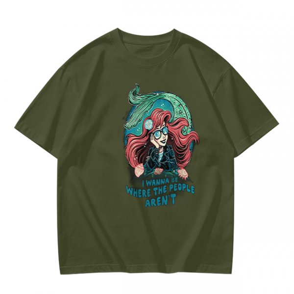 Olive t-shirt with modern mermaid graphic and 'I wanna be where the people aren't' text
