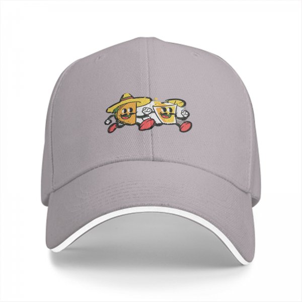 Black baseball cap with retro taco and beer cartoon graphic