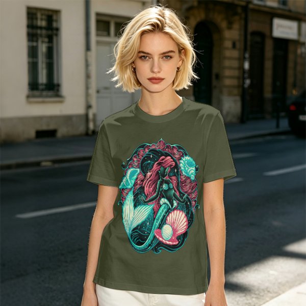 Olive T-Shirt With Mermaid And Seashell Graphic Print