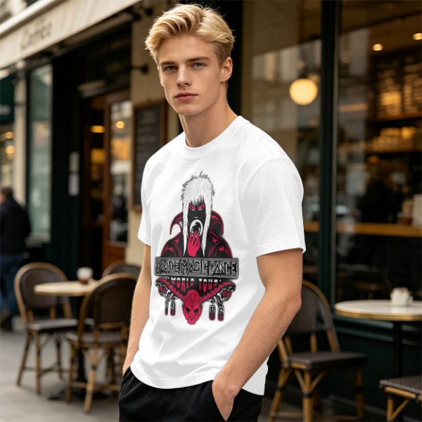 Olive graphic tee with dark fantasy character and tour print