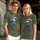 Olive T-shirt with Cartoon Character Holding Mushrooms Print