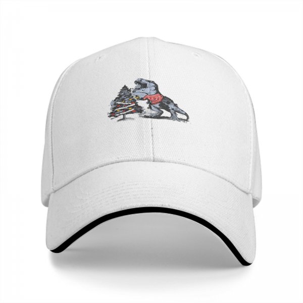 Black Baseball Cap with T-Rex Dinosaur and Christmas Tree Design