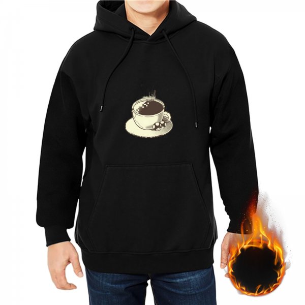 Black Hoodie With Steaming Coffee Cup And Mushroom Print