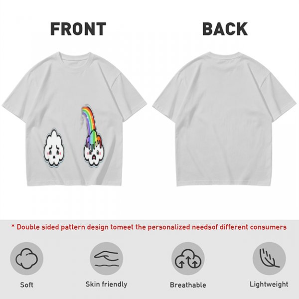 Oversized Olive T-Shirt With Sad Clouds And Rainbow Drip Graphic
