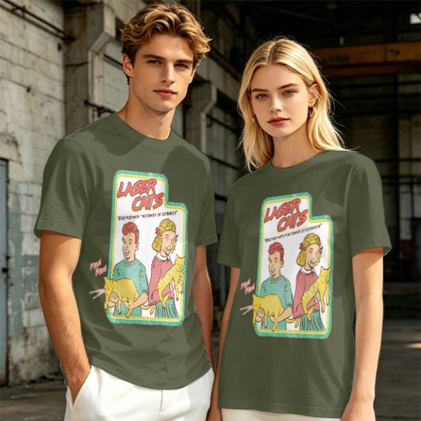 Olive graphic tee with Laser Cats retro comic print of kids holding laser cats
