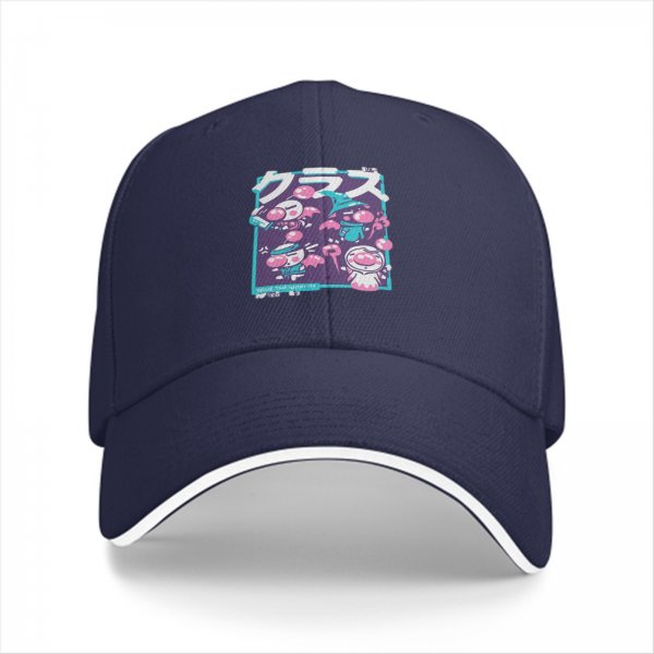 Black baseball cap with cute anime-style graphic print