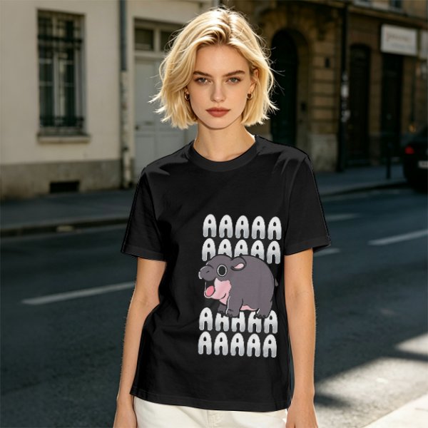 Olive t-shirt with screaming baby hippo and repeated A text