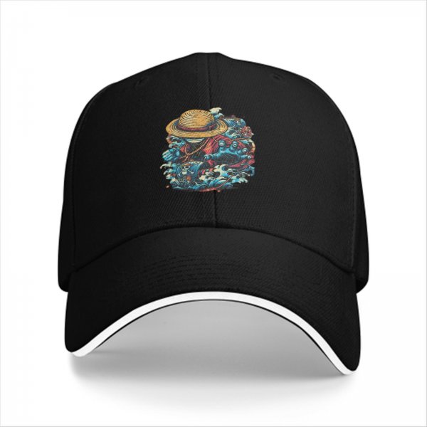 Black Baseball Cap with One Piece Straw Hat Pirate Graphic