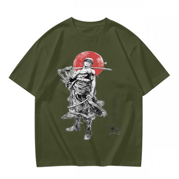 Olive T-shirt with Samurai Swordsman and Red Sun Print