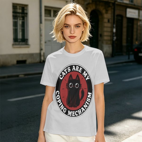 Olive t-shirt with 'Cats Are My Coping Mechanism' and black cat graphic