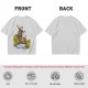 Olive T-shirt with fantasy characters balancing on a log over a stream