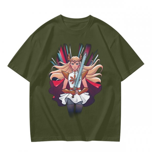 Olive T-Shirt Featuring Fantasy Warrior Princess With Sword Art