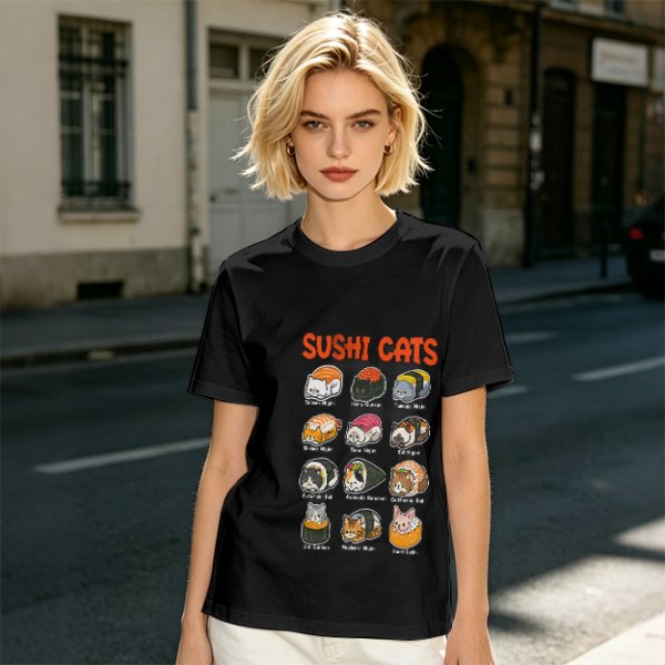 Olive T-Shirt With Sushi Cats Graphic Print