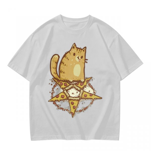 Olive T-Shirt With Cat Sitting On Pizza Pentagram Artwork