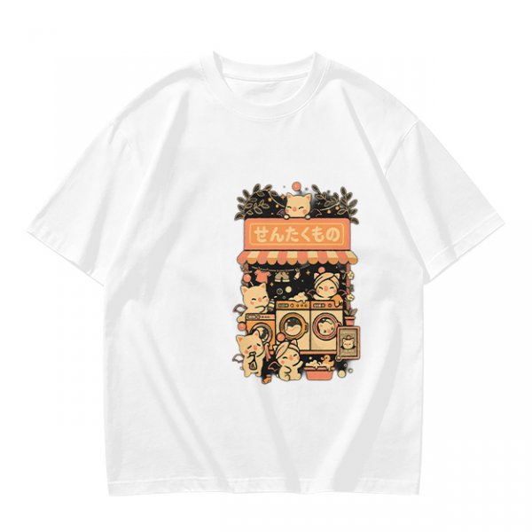 Olive T-Shirt With Cute Cats Doing Laundry Graphic