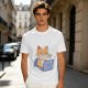 Olive T-Shirt With Cute Orange Cat Working On Laptop Print