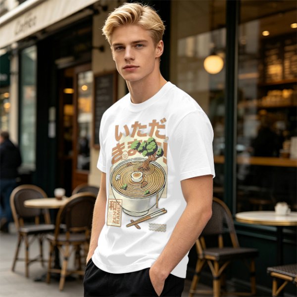 Olive green t-shirt with zen ramen bowl and bonsai tree print