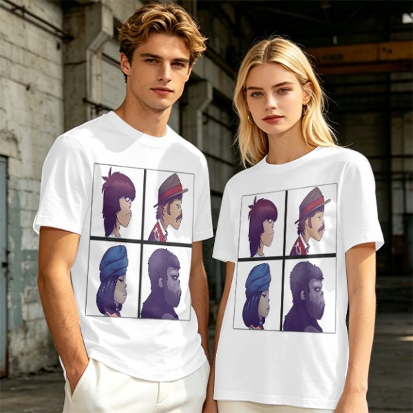 Olive T-Shirt With Four Gorillaz Character Portraits Print