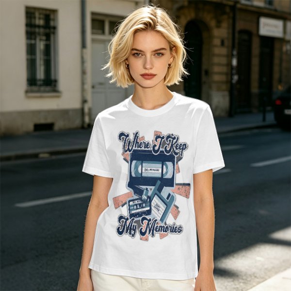 Olive Retro T-Shirt With Vintage Media Print 'Where I Keep My Memories'