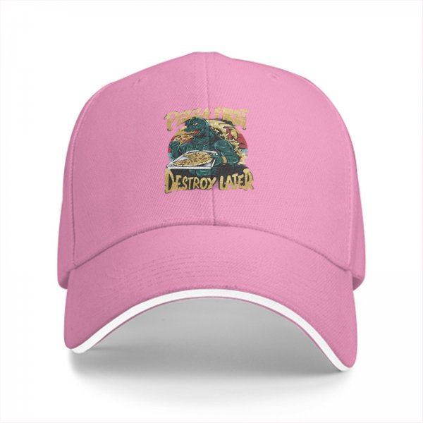 Black baseball cap with pizza first destroy later godzilla graphic
