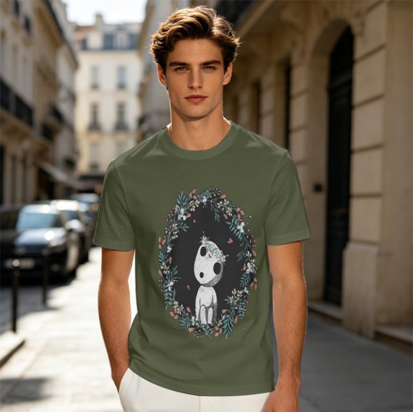 Olive T-Shirt with Kodama Forest Spirit Floral Wreath Print