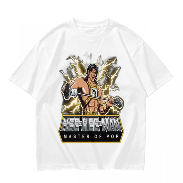 Olive T-shirt with Hee-Hee-Man Master of Pop Lifting Barbell Graphic