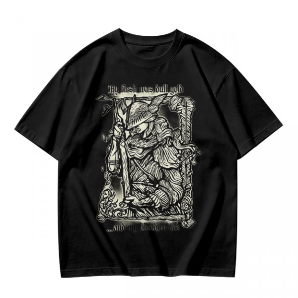 Olive t-shirt with medieval wanderer graphic and gothic text print