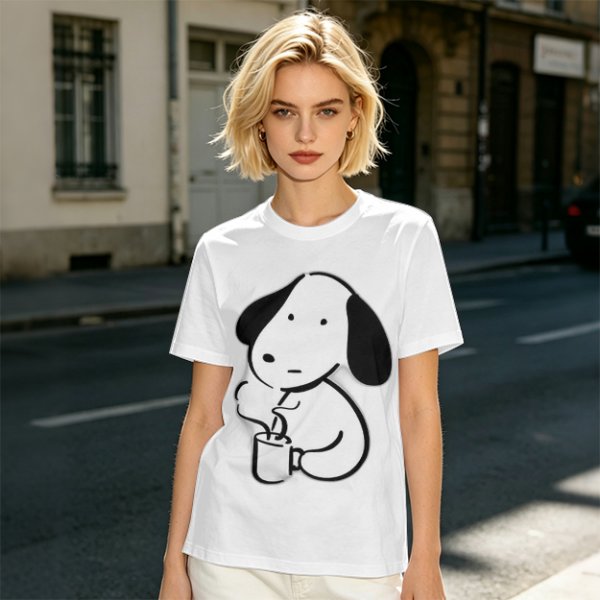 Olive Green T-Shirt With Cartoon Dog Holding Hot Drink Graphic