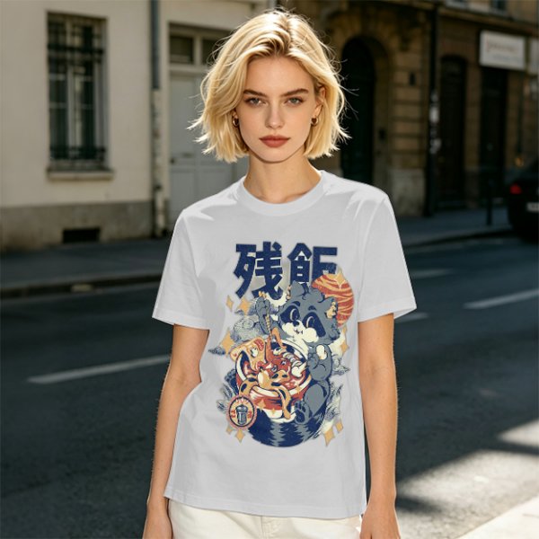 Olive green graphic t-shirt with raccoon eating ramen print