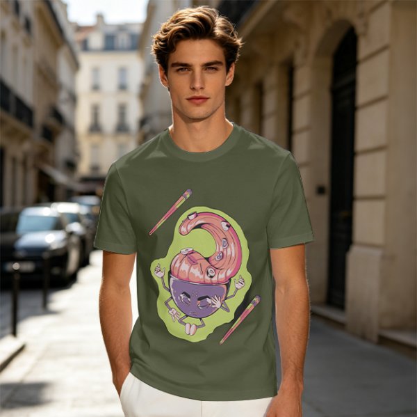 Olive Green T-Shirt With Surreal Monster Graphic Print