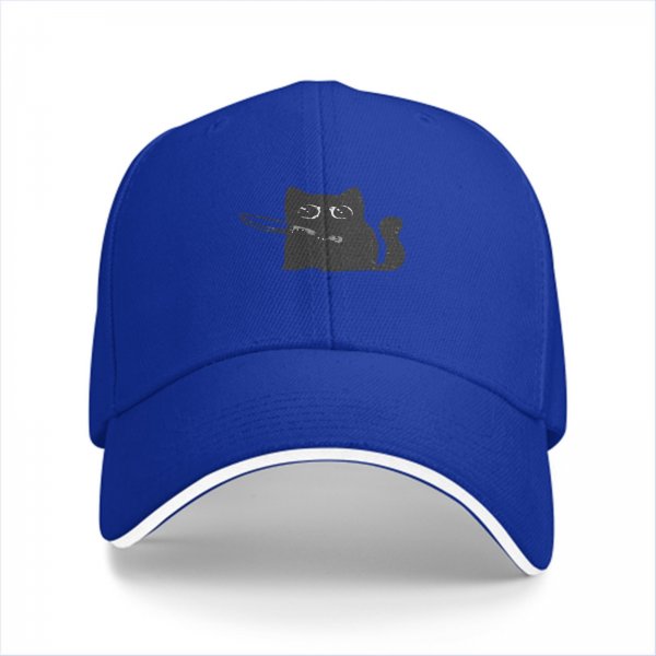 Black baseball cap with a cartoon cat holding a knife graphic