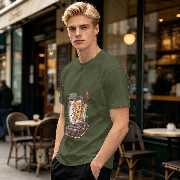 Olive T-shirt with cartoon pizza running on treadmill graphic