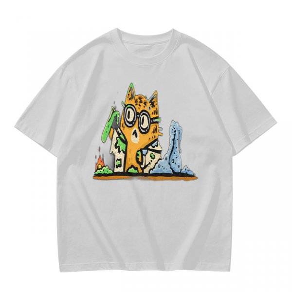 Olive T-Shirt With Mad Scientist Cat Chemistry Lab Print
