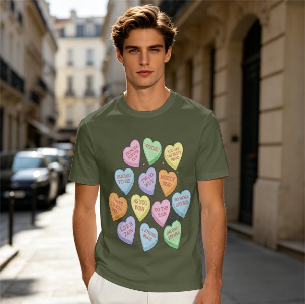 Olive T-shirt with Princess Bride themed conversation heart candies