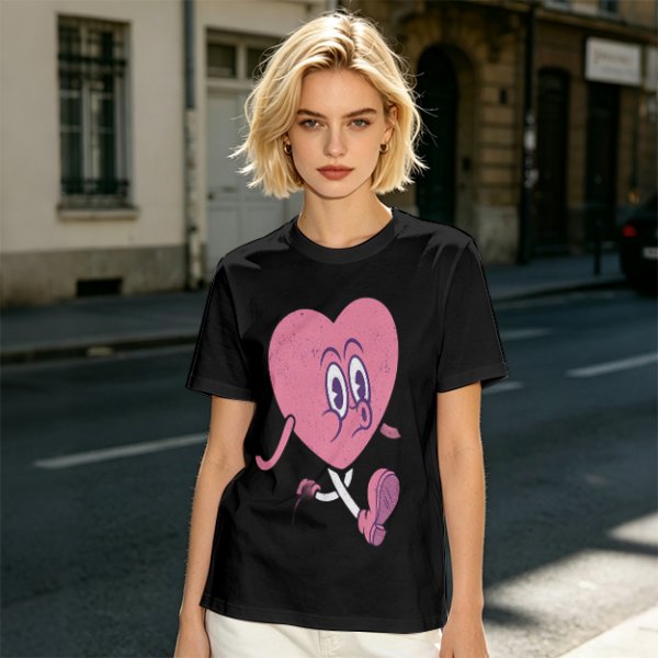 Oversized Olive T-Shirt with Retro Walking Pink Heart Cartoon Graphic