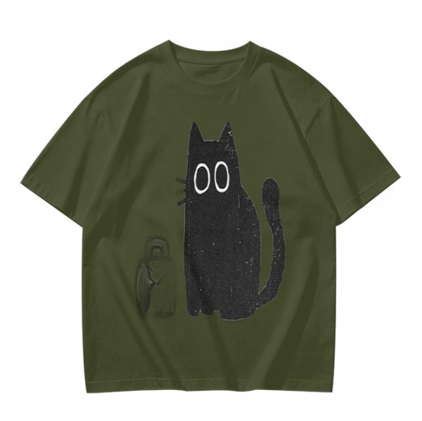 Oversized Olive T-Shirt With Cute Black Cat Graphic Print