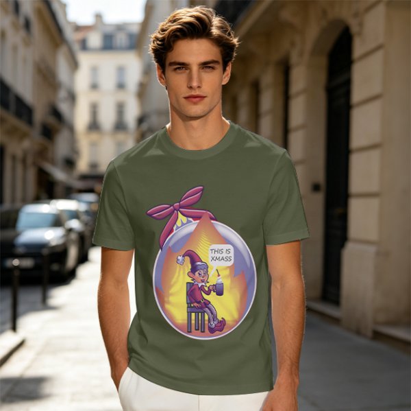 Olive Christmas Elf Ornament T-Shirt with 'This is Xmass' Print