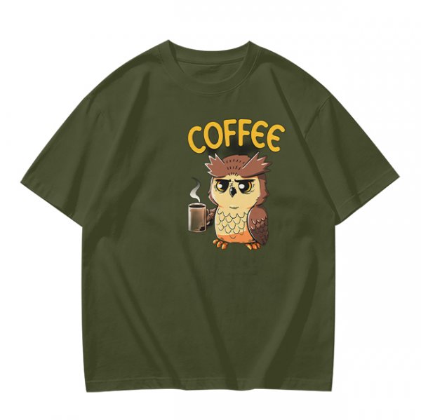 Owl Holding Coffee Mug Graphic Olive T-Shirt