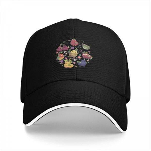 Black Baseball Cap With Cute Fruit Bird Floral Graphic Design