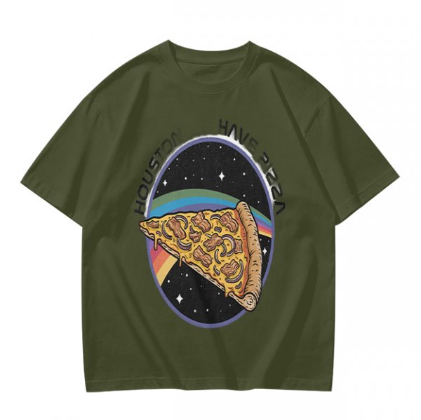 Olive t-shirt with space pizza graphic and Houston have pizza text