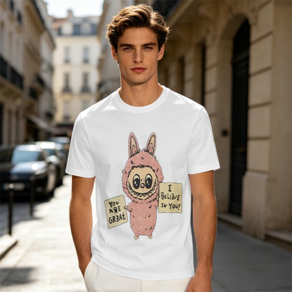 Olive T-shirt with a cute bunny monster holding You Are Great and I Believe In You signs