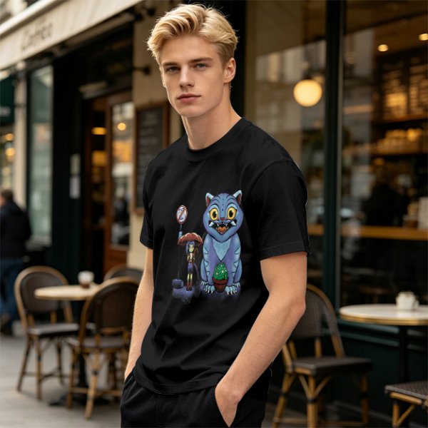 Olive T-Shirt With Whimsical Blue Cat And Mushroom Figure Print