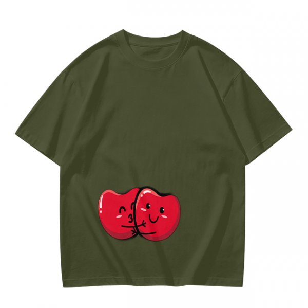 Olive green t-shirt with cute hugging red beans graphic