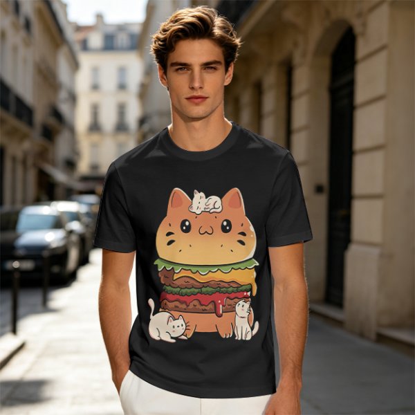 Olive T-Shirt With Cute Cat Burger And Kittens Print