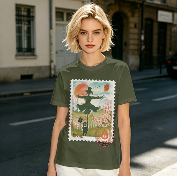 Howl's Moving Castle Stamp Graphic Olive T-Shirt