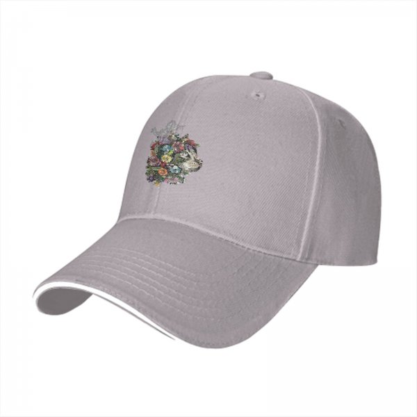 Black Baseball Cap With Floral Wolf Head Artwork Design